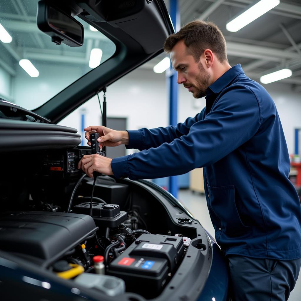 A mechanic working on an electric vehicle