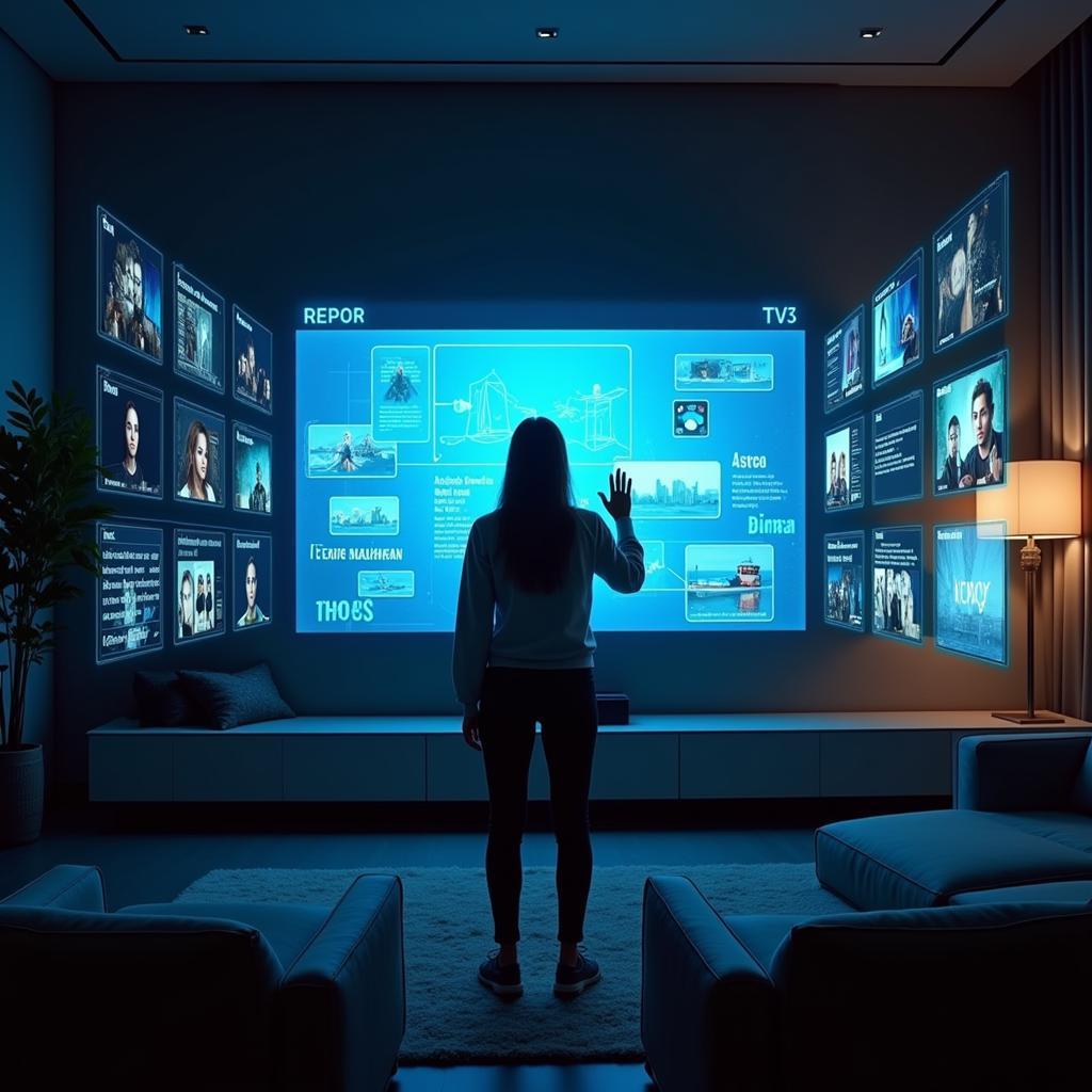 Futuristic representation of interactive television with holographic displays and personalized content recommendations.