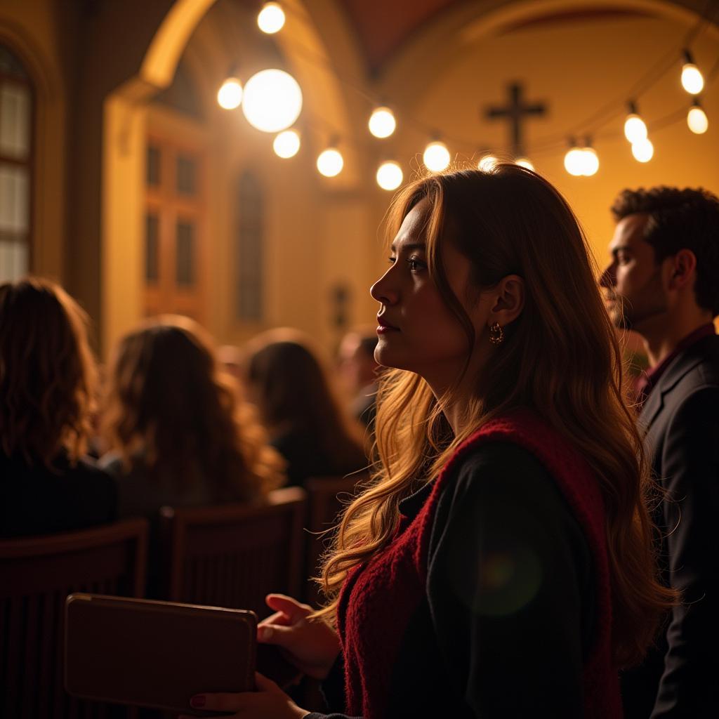 An image depicting a group of people listening to music together, their faces expressing a mixture of sadness and comfort.  The setting could be a dimly lit room or a quiet outdoor space.