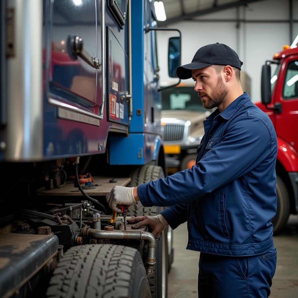 Heavy Truck Mechanic Performing Maintenance