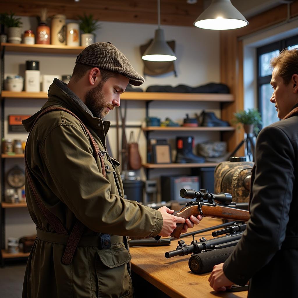 Hunter Examining a Rifle in a Turku Sporting Goods Store