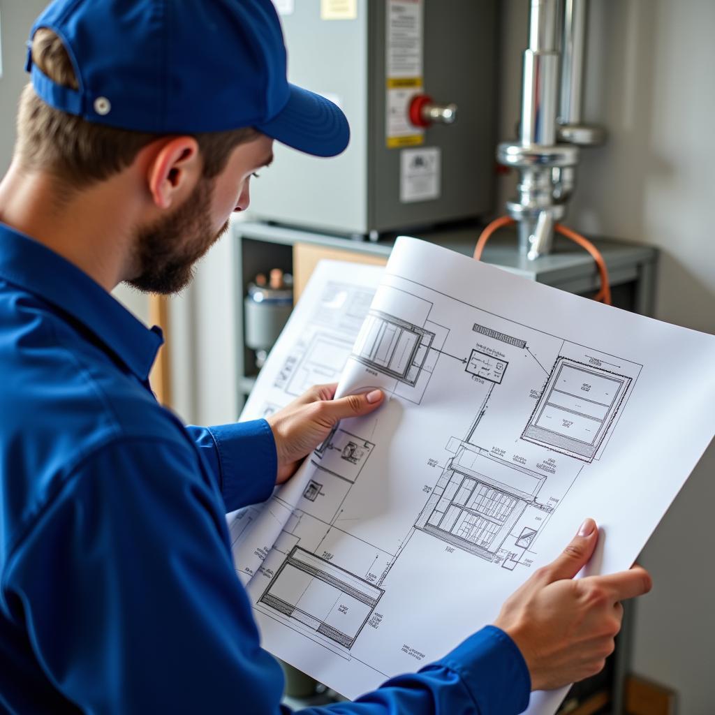 HVAC Technician Reviewing Blueprints