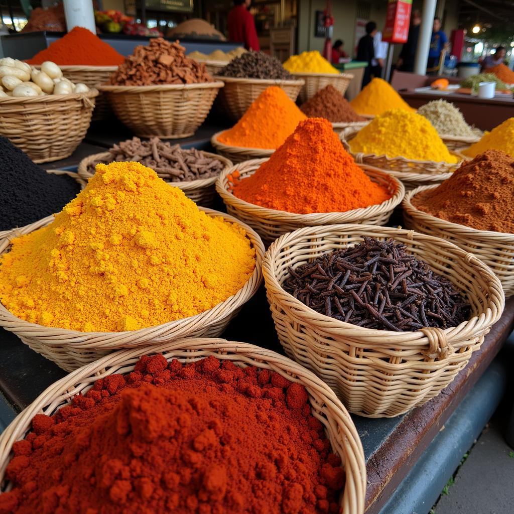 A colorful display of spices in an Indonesian market, highlighting the important role of spices in Indonesian cuisine.