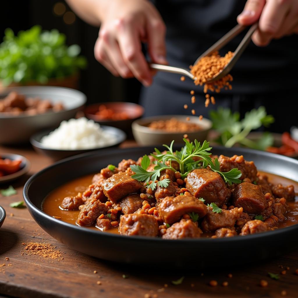 A chef preparing Indonesian Rendang with ingredients containing glutamate.