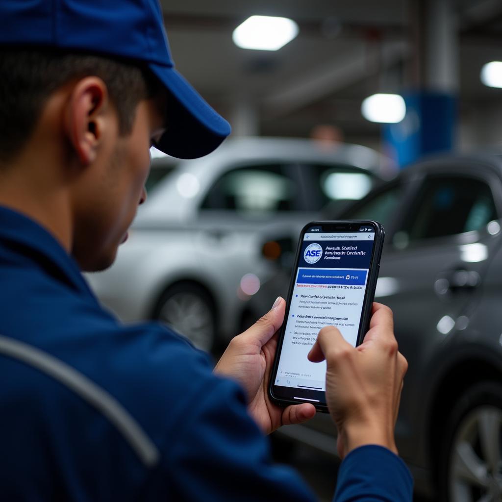 Mechanic Searching ASE Certified Logo on Smartphone