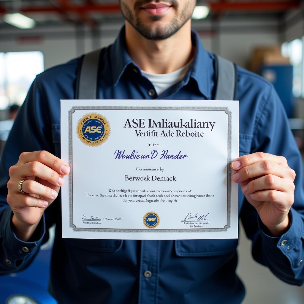 Mechanic Showing ASE Certificate