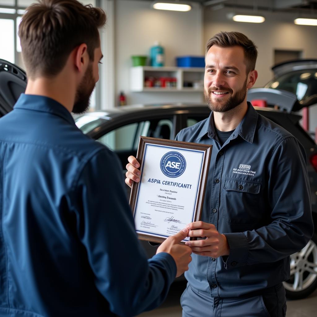 Mechanic Showing ASE Certificate to Customer