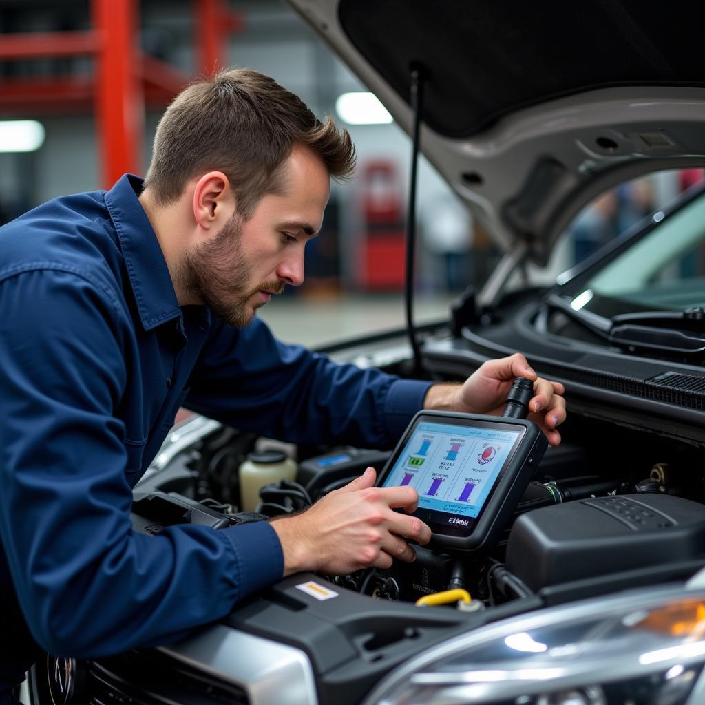 Mechanic Using Diagnostic Equipment on a Car Engine