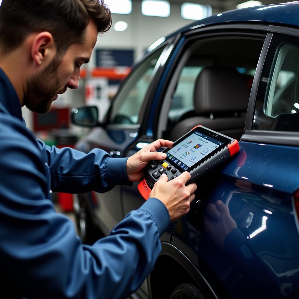 Mechanic Using a Diagnostic Tool on a Car