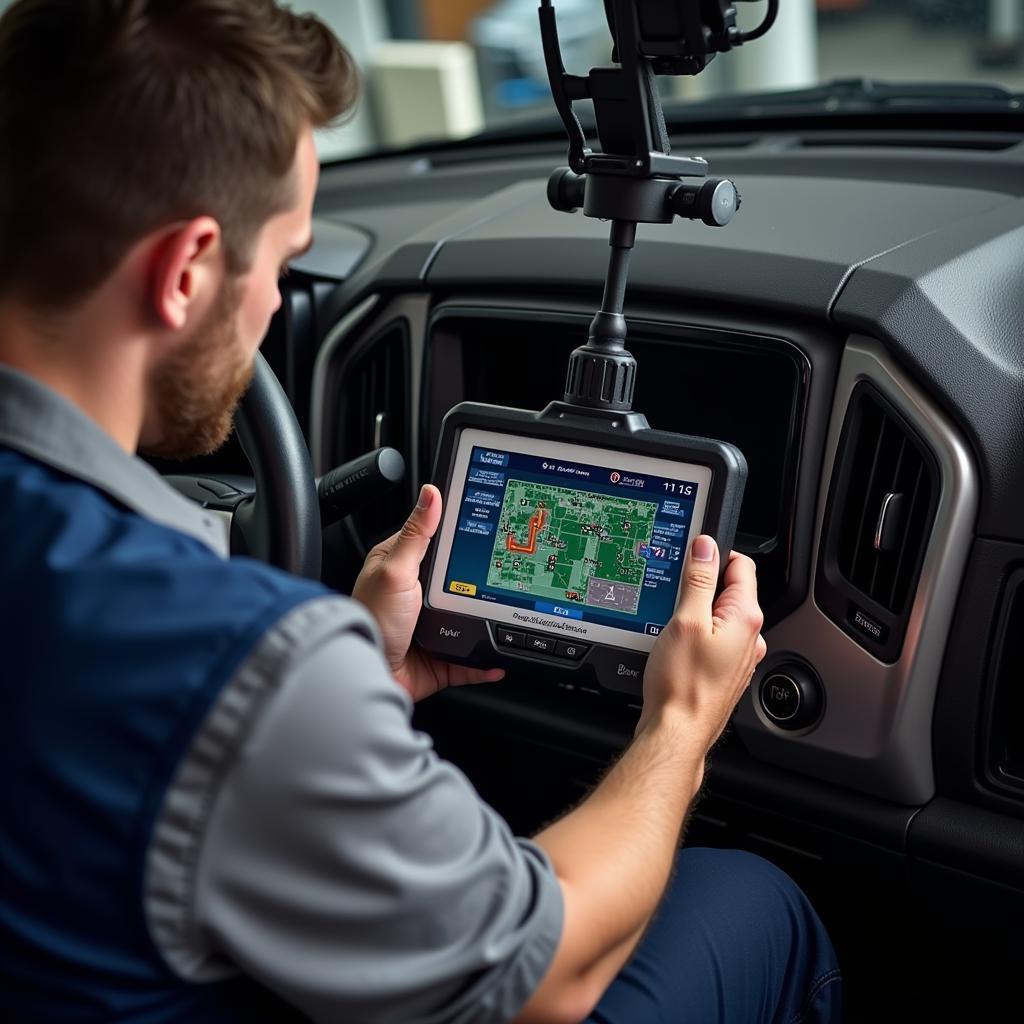 Mechanic using Diagnostic Tool on a Car