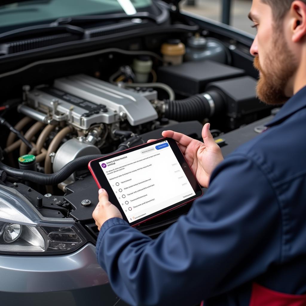 Mechanic using ASE practice test app