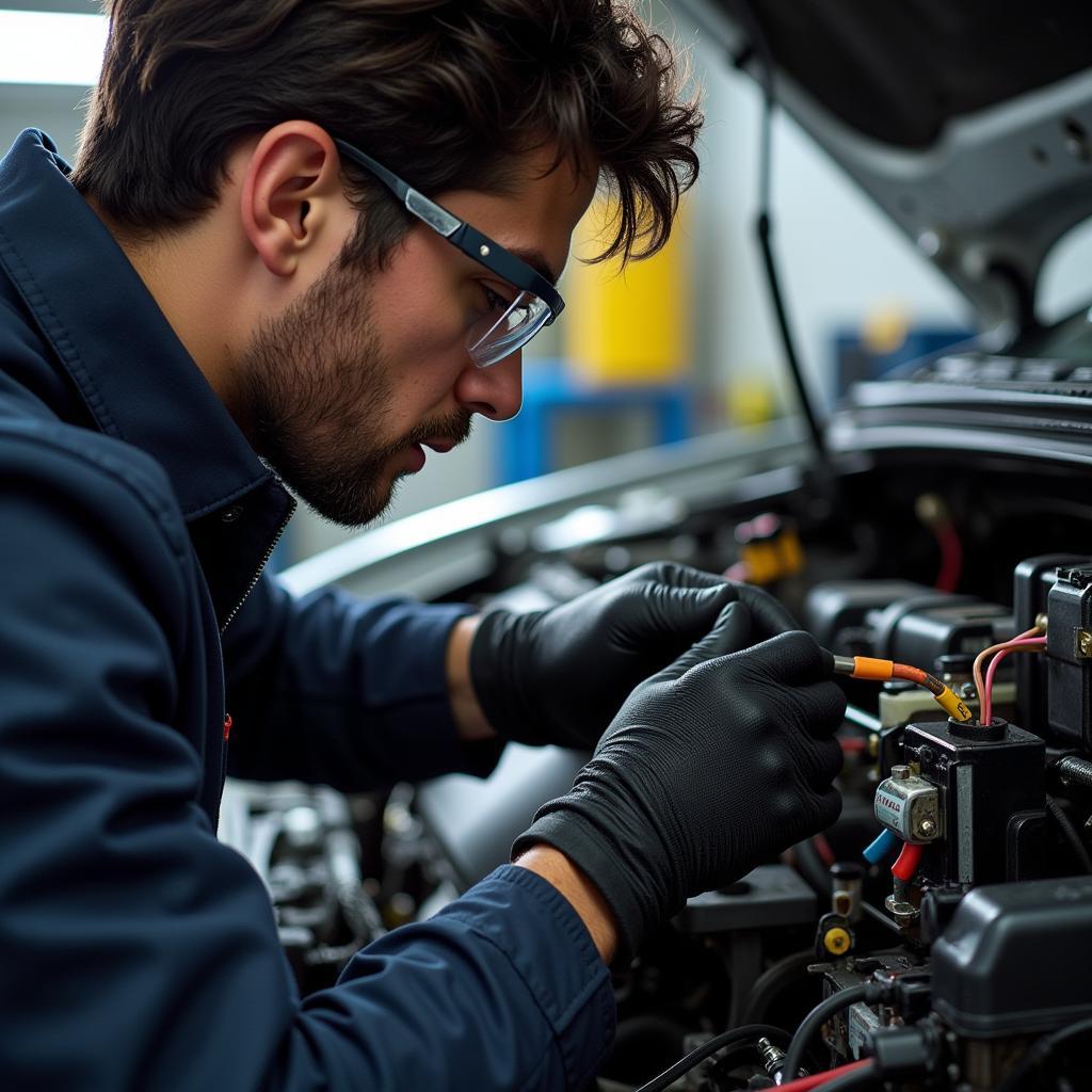 Mechanic meticulously working on a car's intricate electrical system.