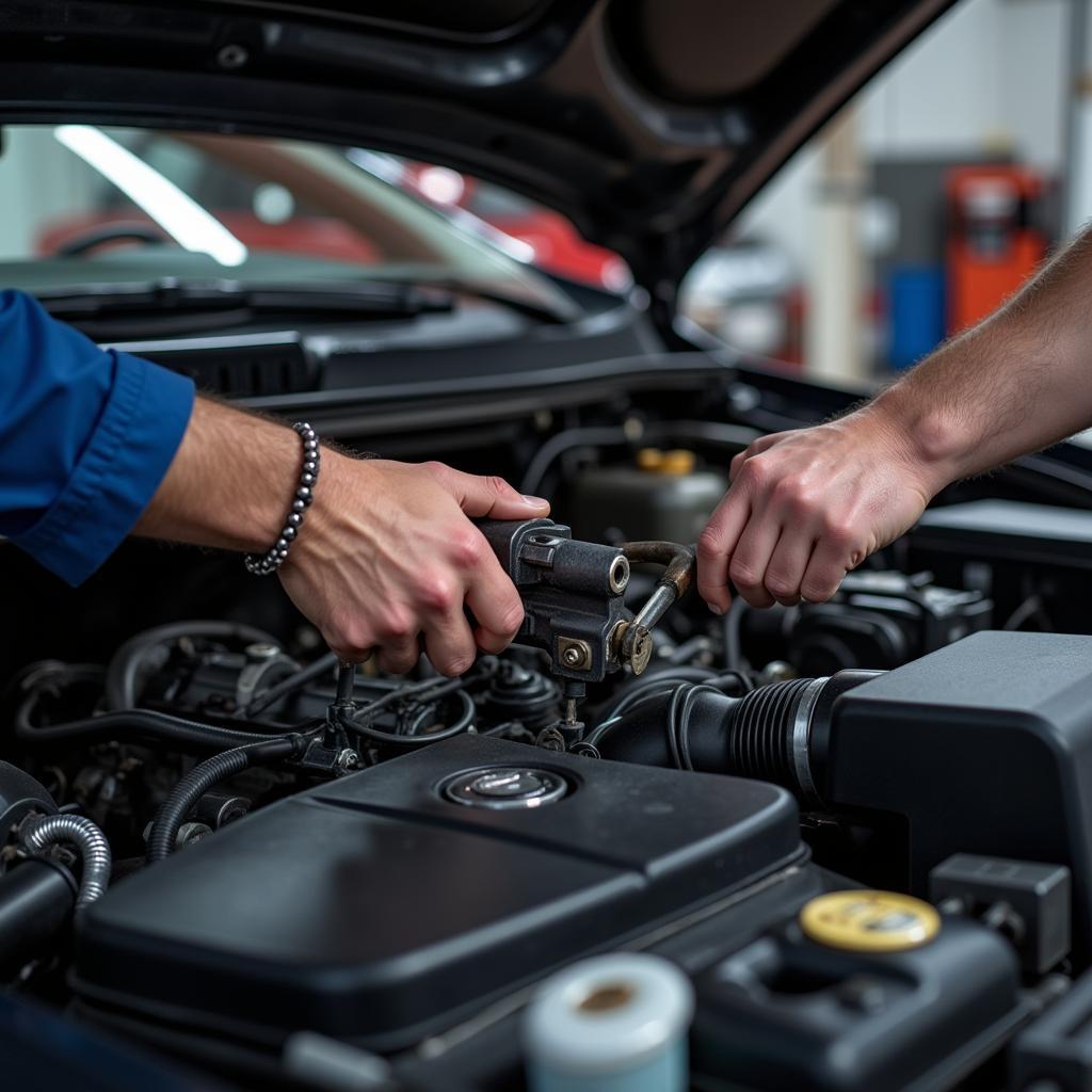 Mechanic Working on a Car Engine