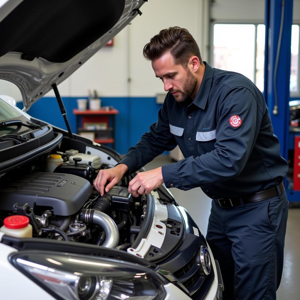 Mechanic Working on a Car Engine in a Garage