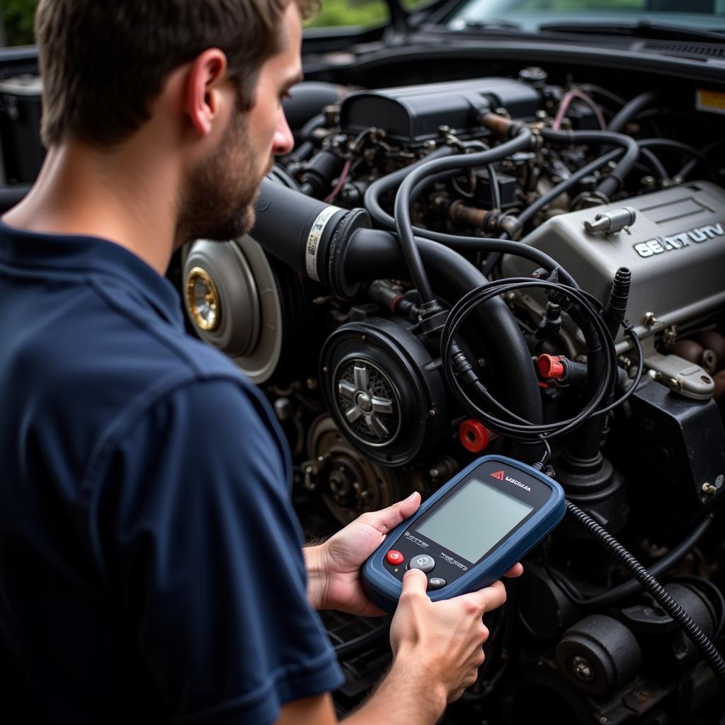 Mechanic Troubleshooting a Diesel Engine