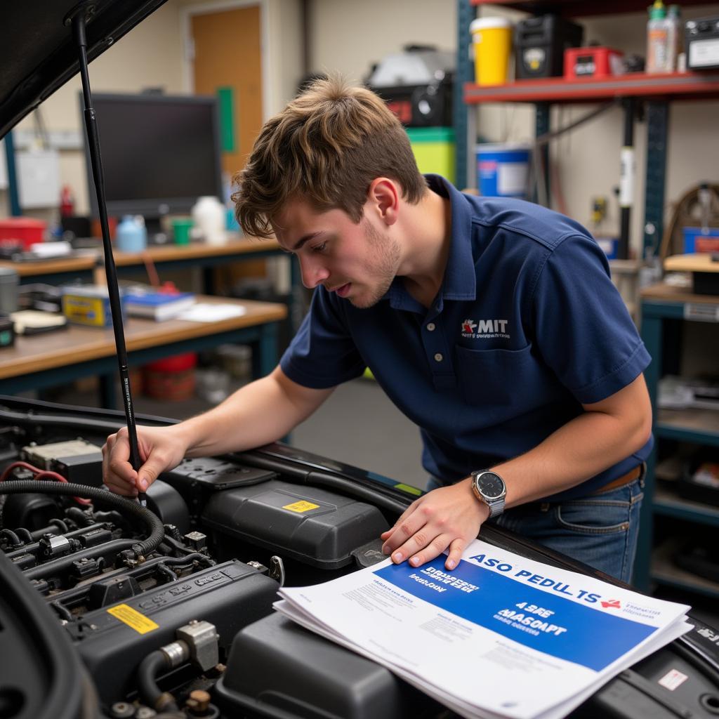 An MIT student gaining practical experience working on a car engine while referring to ASE study materials.