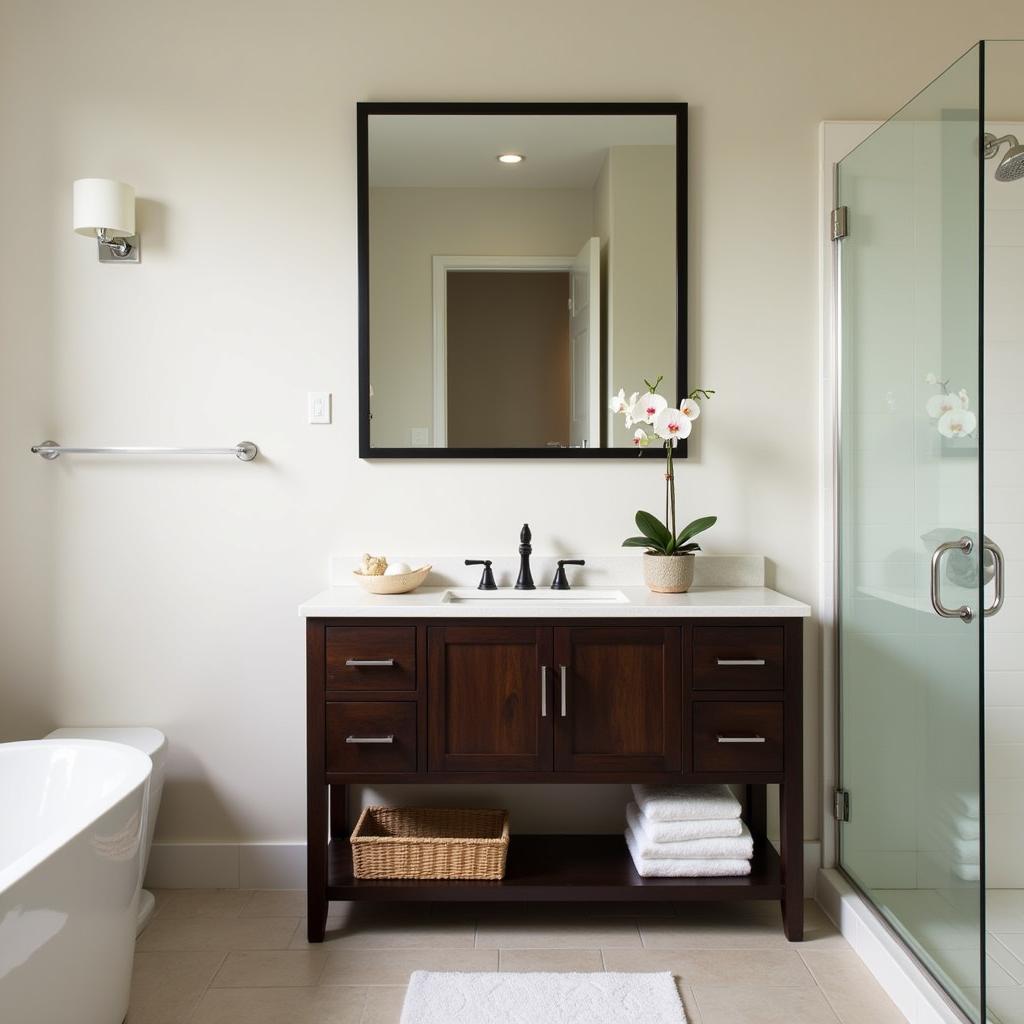 Modern bathroom featuring Asian-inspired accessories.