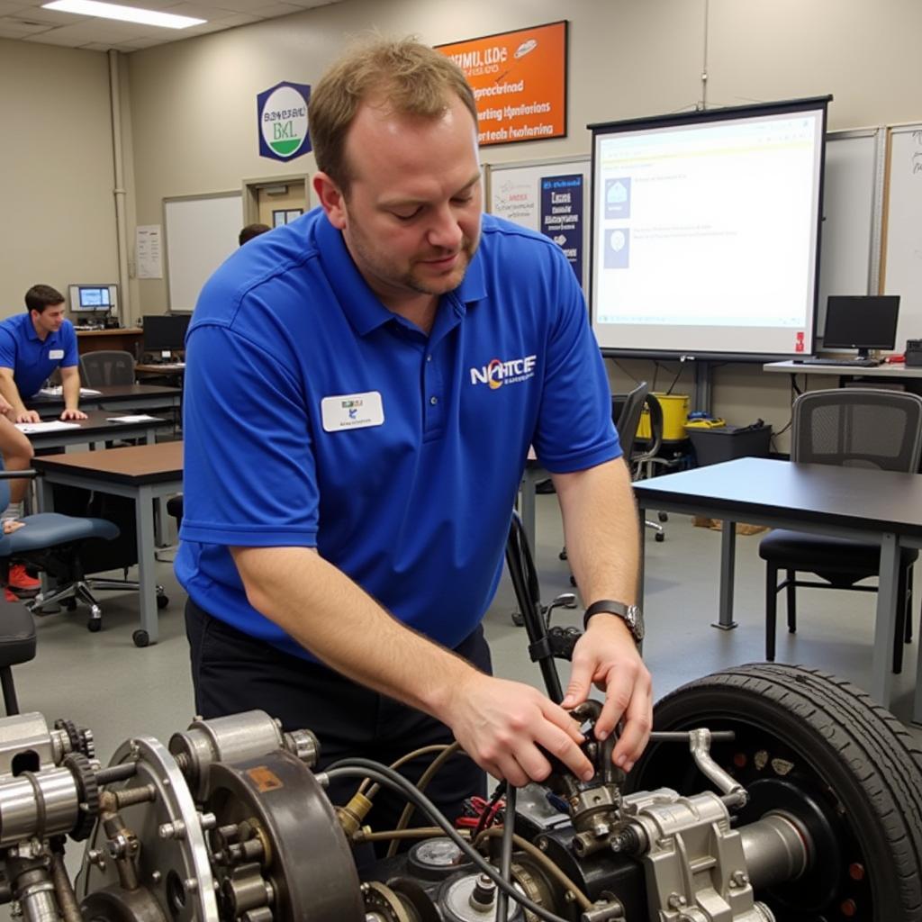 Instructors learn about electric vehicle technology at the 2016 NATEF ASE Instructor Workshop in Michigan. The image shows an instructor examining the components of an electric vehicle powertrain.