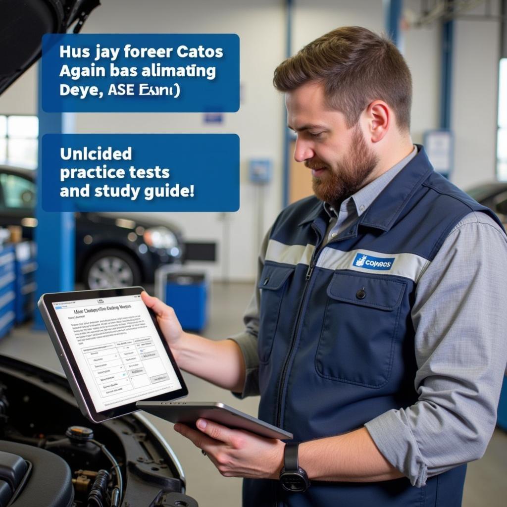 A mechanic studying for the ASE exam using online resources and practice tests.