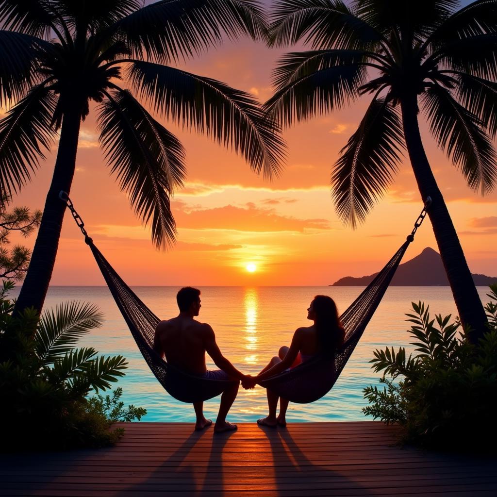 Couple enjoying sunset view from a beach bungalow at an asea resort