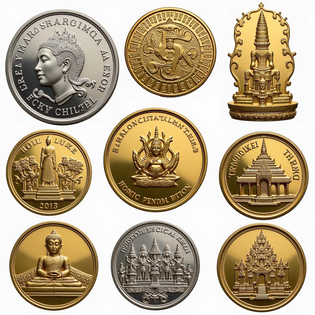 Southeast Asian Coin Cultural Motifs: Detailed depictions of traditional patterns, symbols, and architectural elements on ASEAN coins.