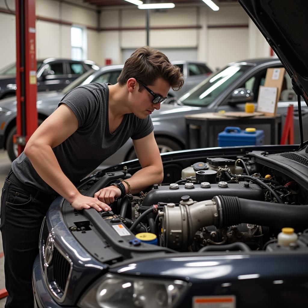 Student practicing on a car engine during ASE training