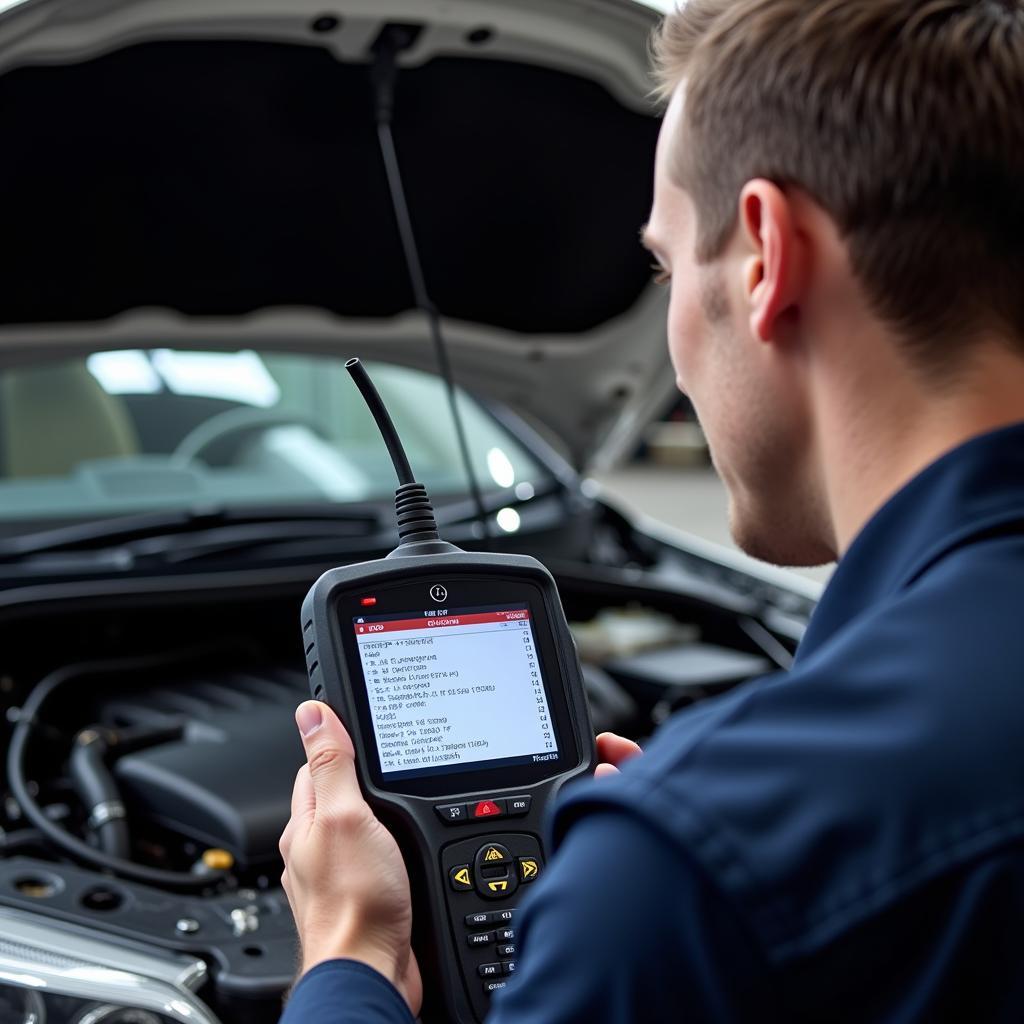 Technician Diagnosing Engine Performance Issue with Scan Tool