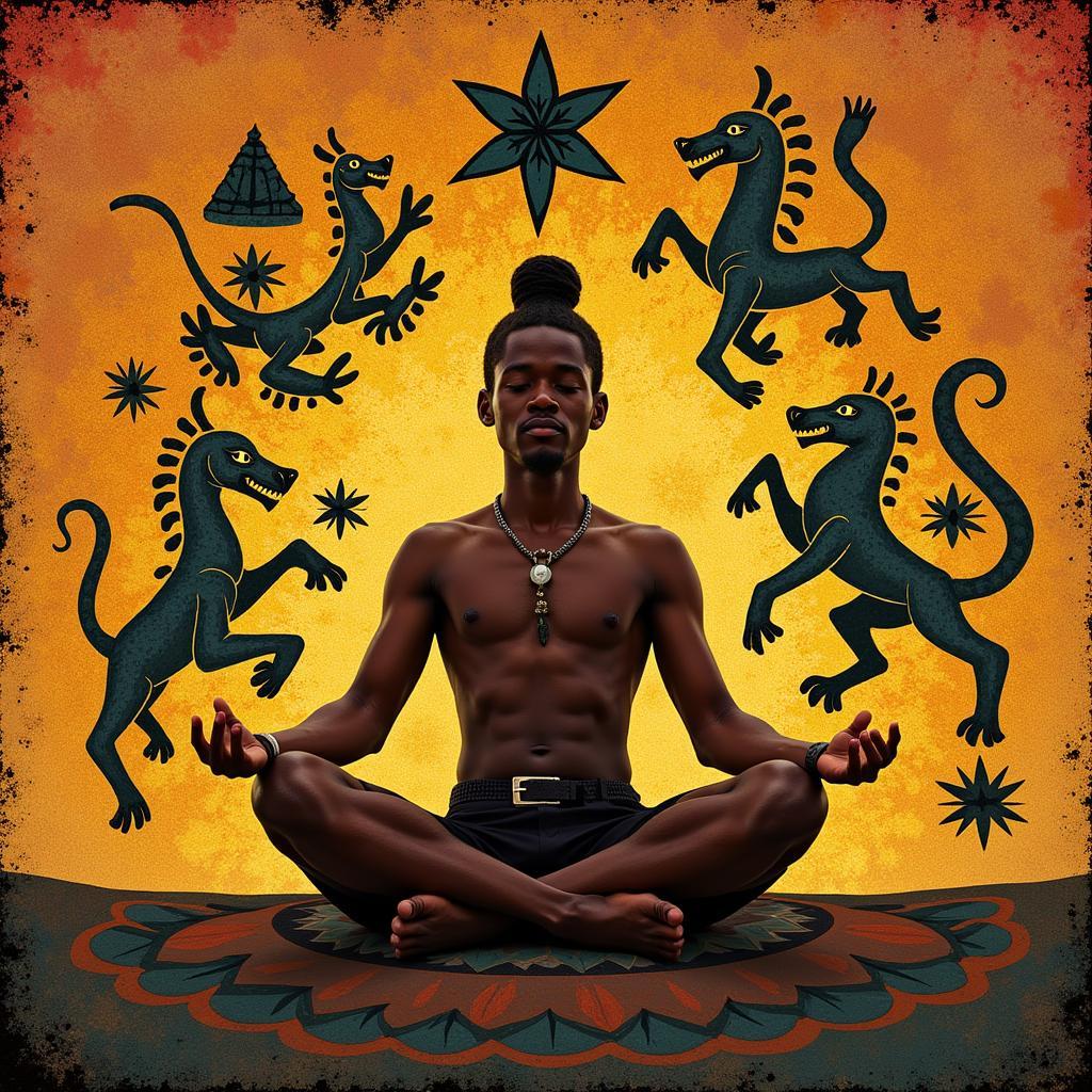 A representation of a person meditating with Yoruba symbols in the background, blending traditional spirituality with modern life.