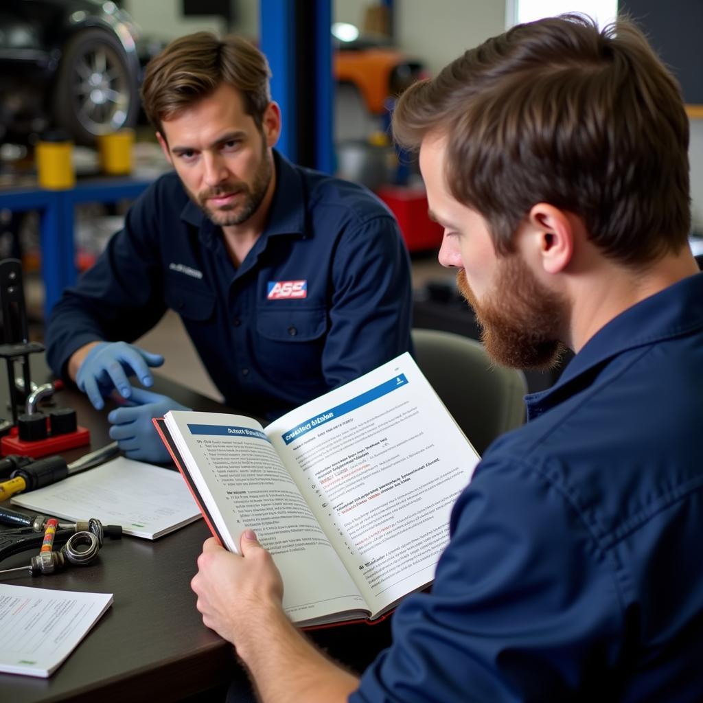 A mechanic studying for the A4 ASE exam using a study guide and practice tests