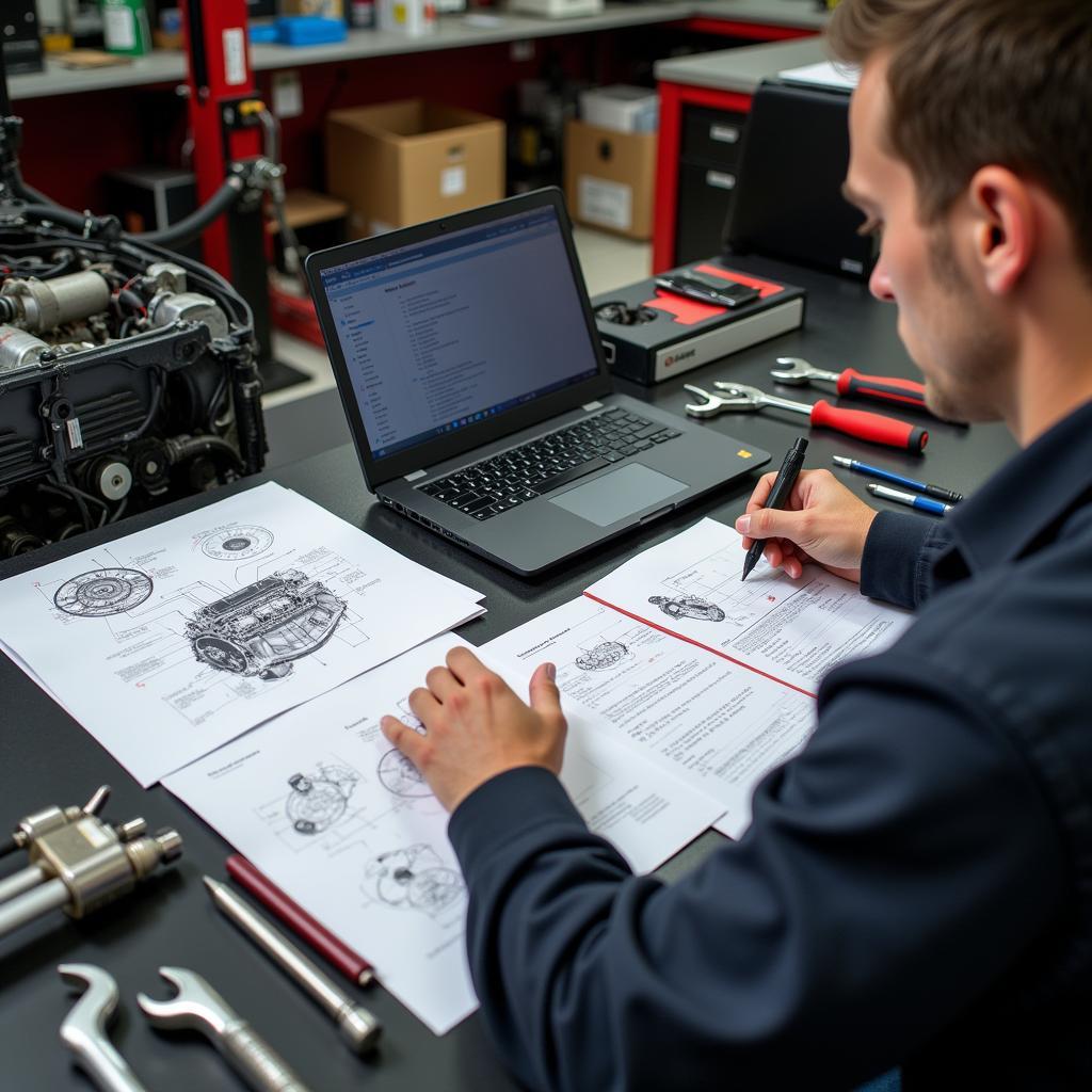 A mechanic studying for the ASE A8 engine performance test