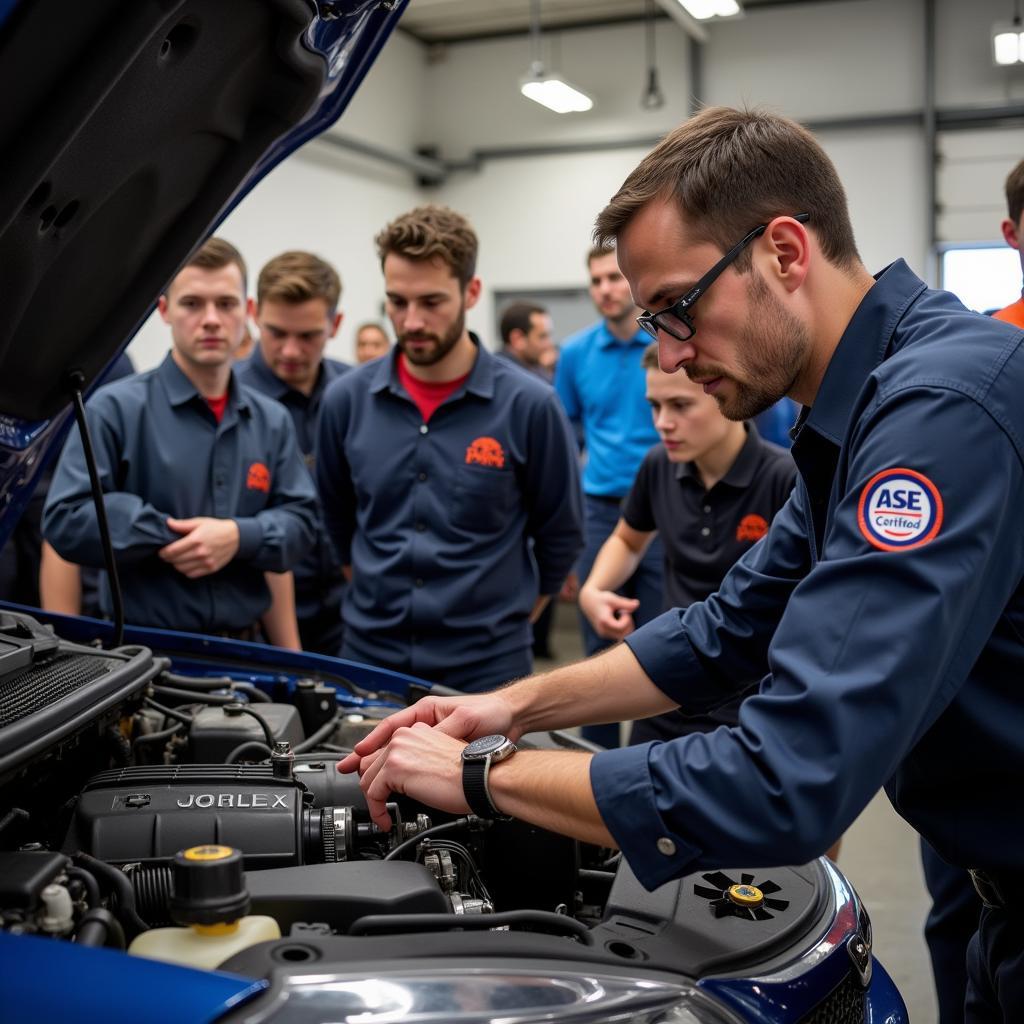 ASE Certified instructor demonstrating car repair techniques to students.