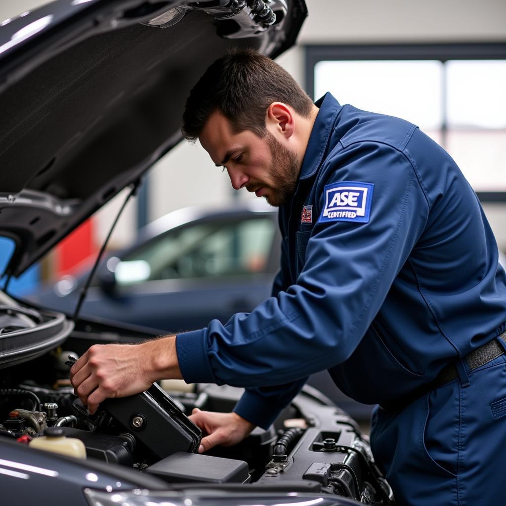 ASE Certified Mechanic Working on a Car