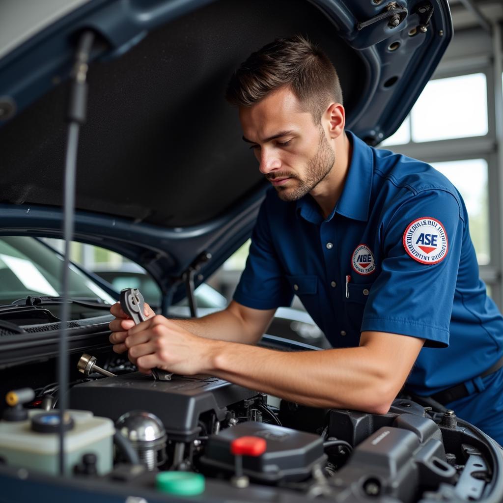 ASE Certified Mechanic Working on a Car