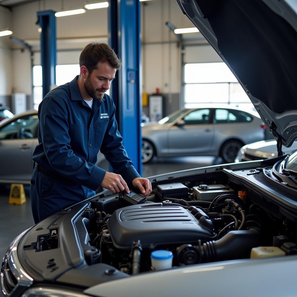 ASE Certified Technician Inspecting Pre-Owned Vehicle