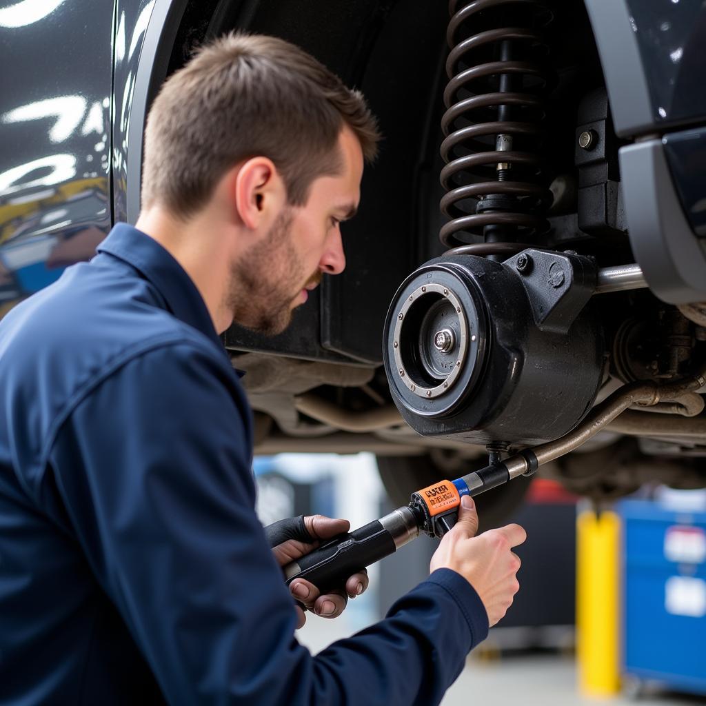 ASE Certified Technician Working on Suspension