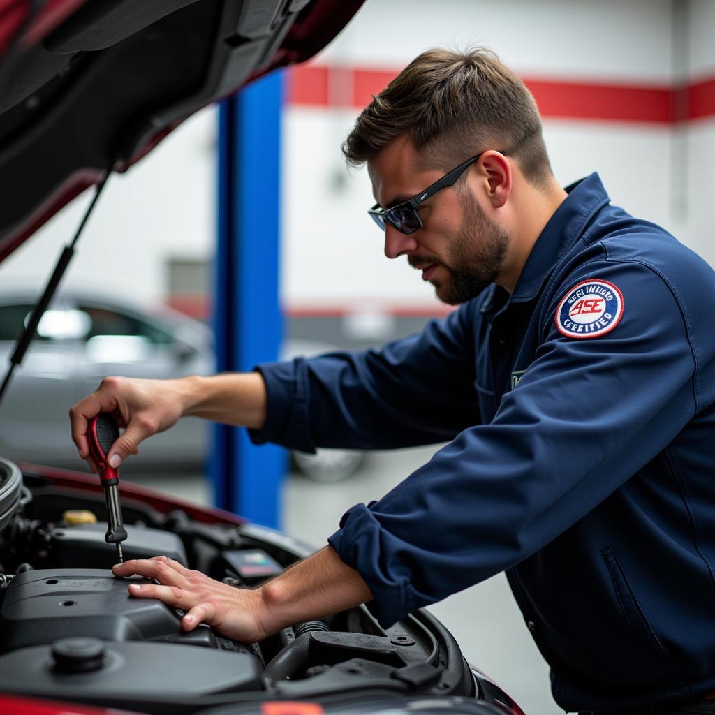 ASE Certified Technician Working on a Car