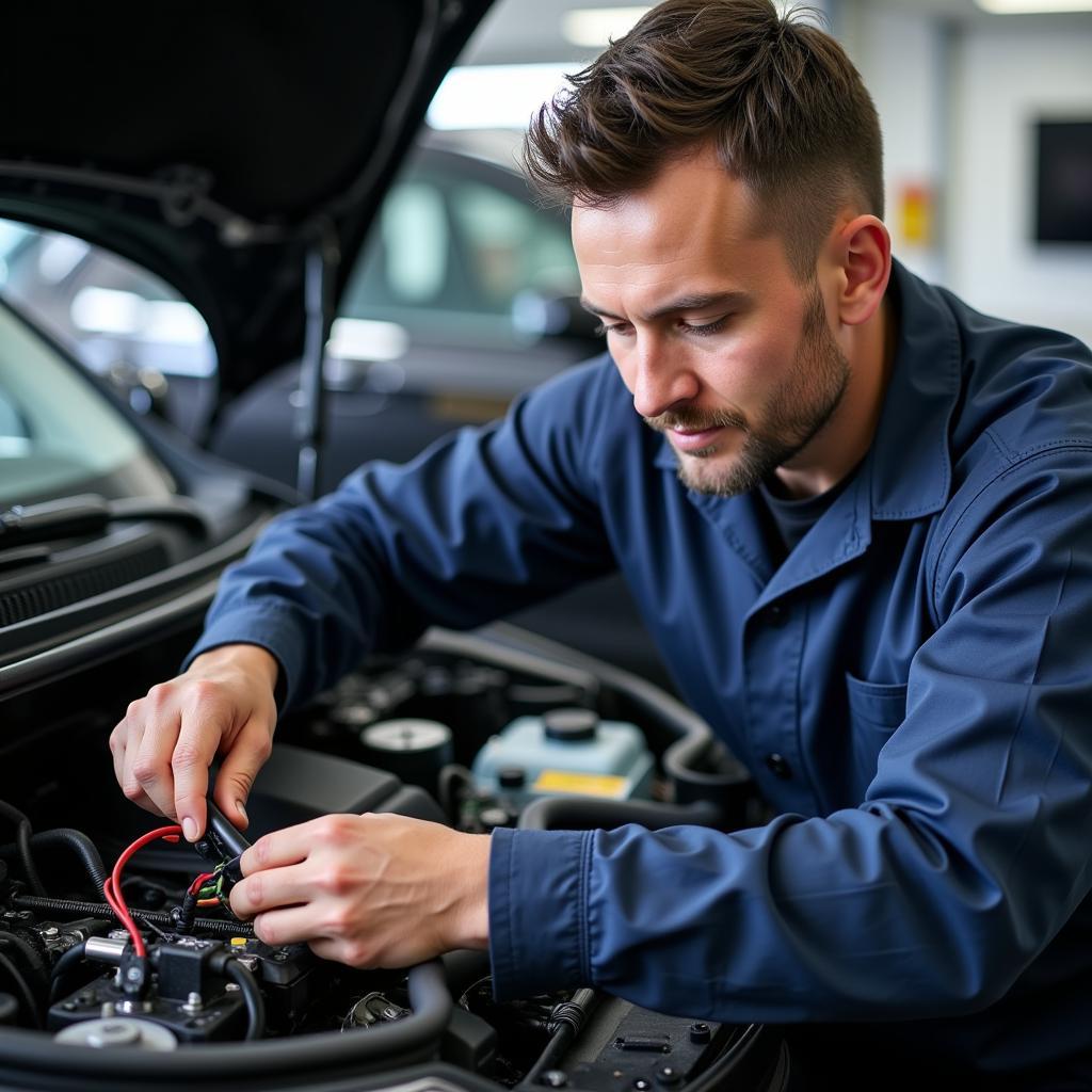 An ASE certified technician working on an electric vehicle, showcasing the need for continuous learning and adaptation to new technologies in the automotive industry.