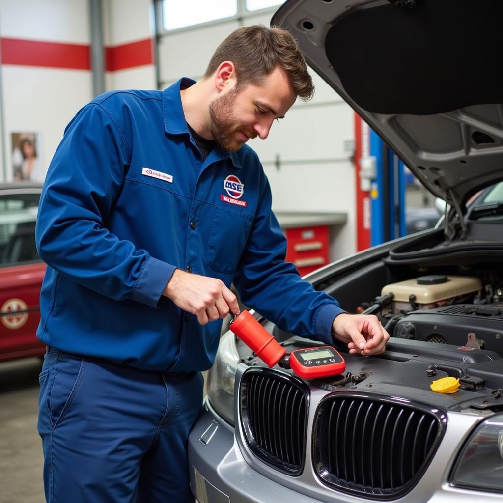 ASE Master Certified Technician Performing Diagnostics on a Vehicle