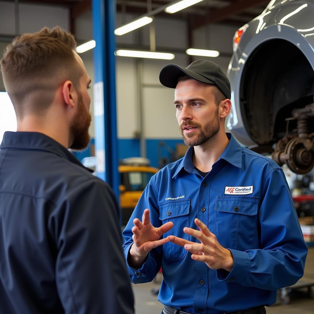 ASE Mechanic Discussing Car Repair with Customer