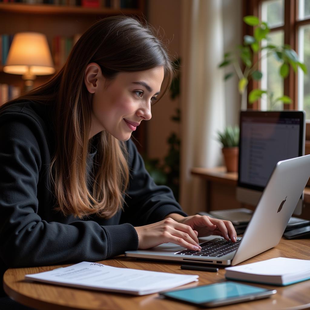 A student diligently studying for their ASE certification exam using an online prep course.