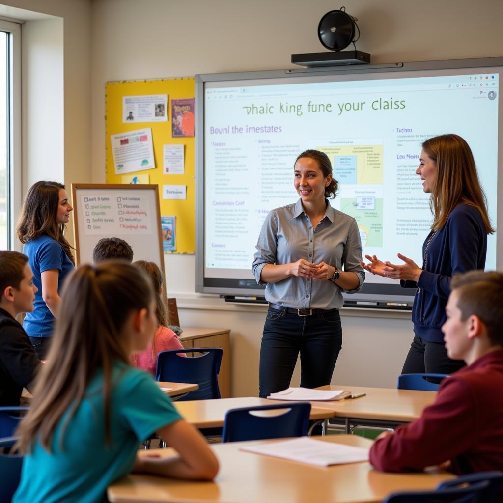 Students interacting with teachers in a small classroom setting at the ASE Saturday Academy