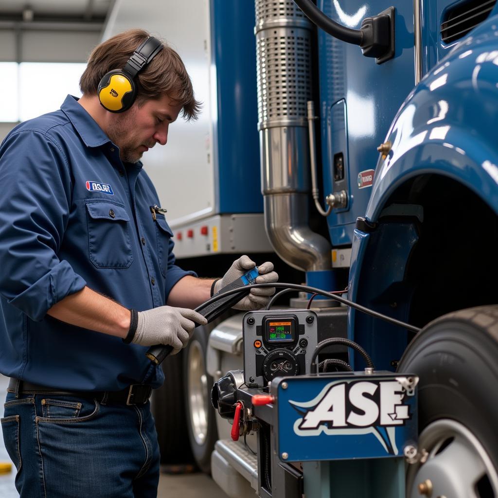 ASE T1-T8 Certified Technician Working on a Truck