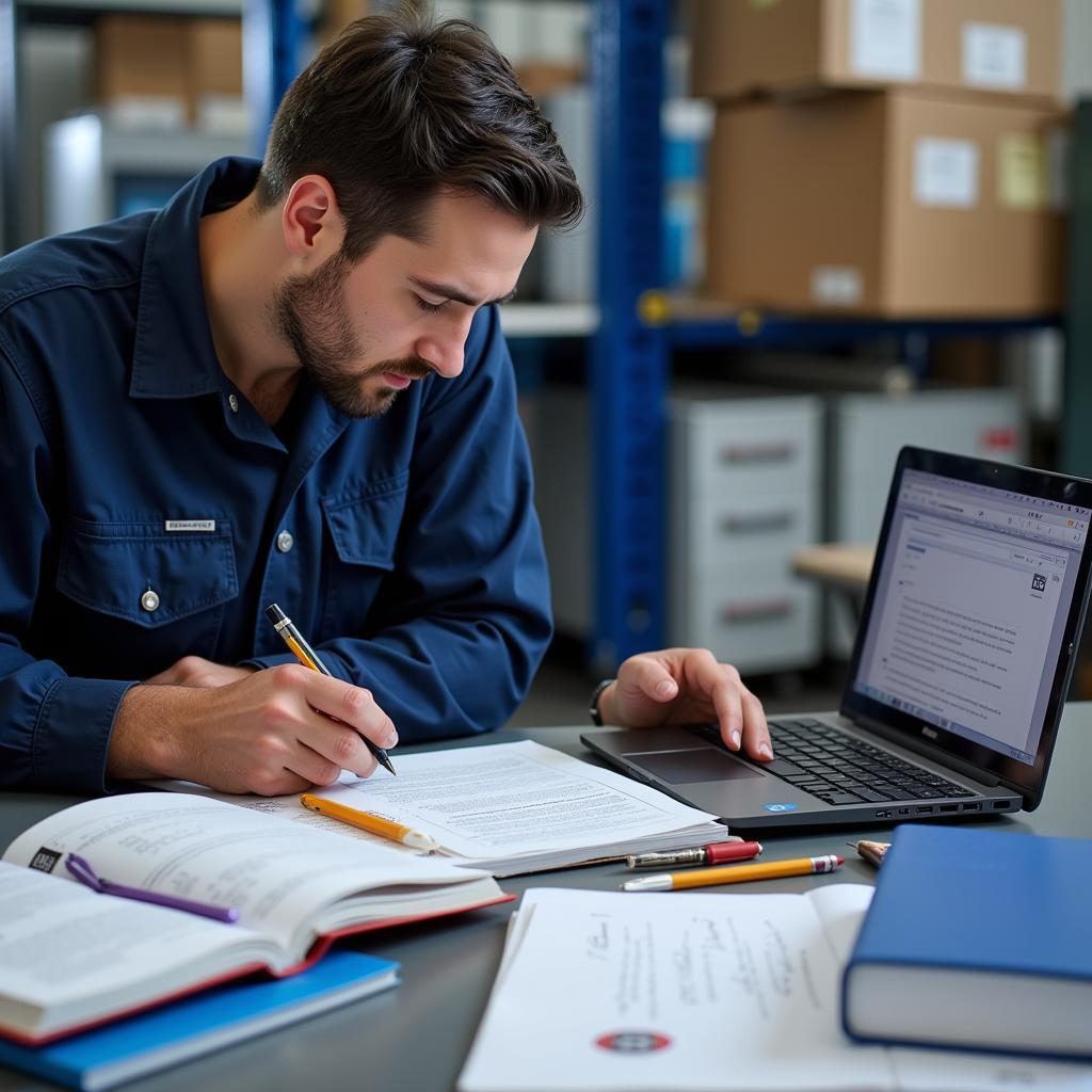 Technician Preparing for ASE T1-T8 Exam