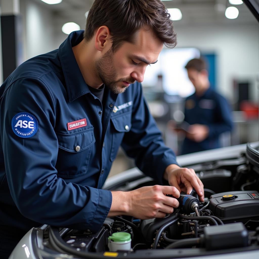 ASE Technician Working on a Car