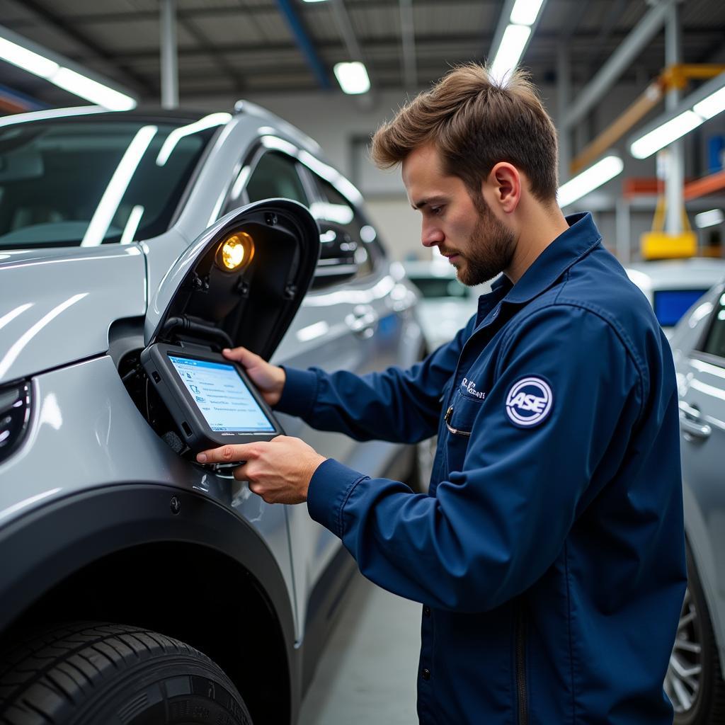 ASE Technician Working on an Electric Vehicle