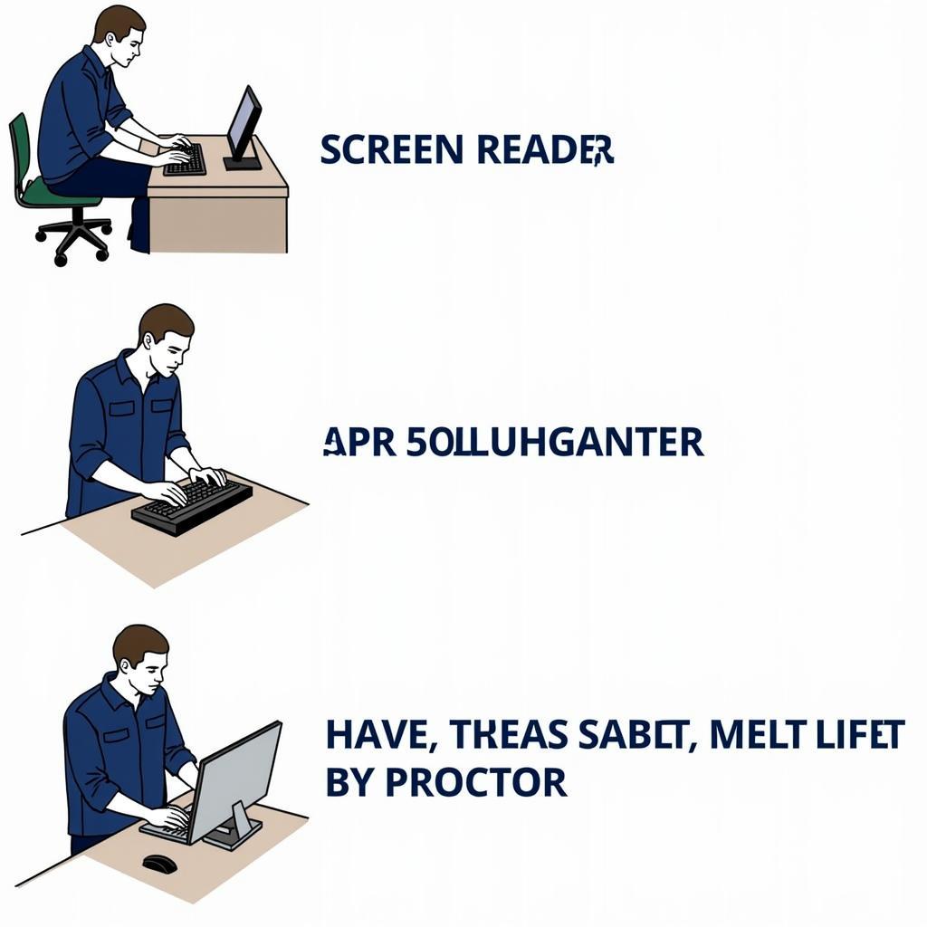 Automotive technicians using assistive technologies during ASE tests.