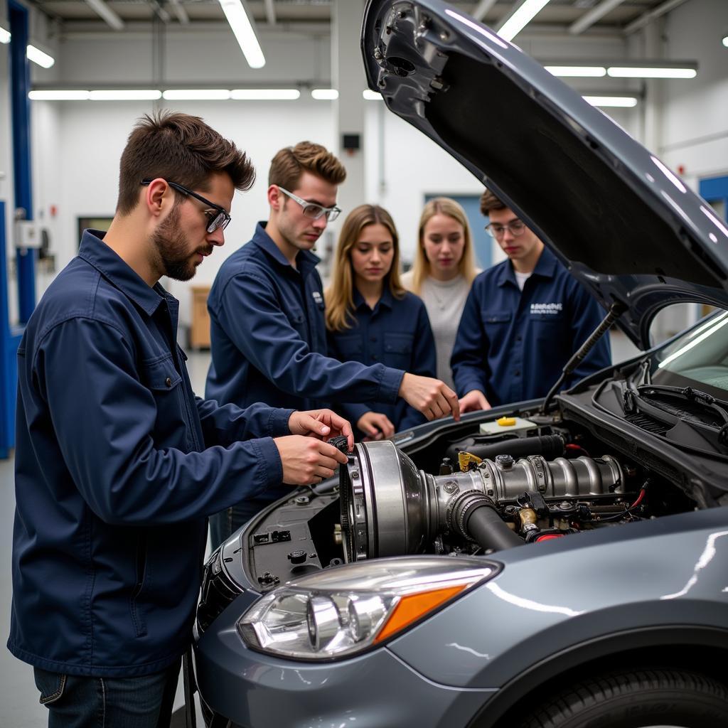 Students working on a car transmission in an ASE certified school