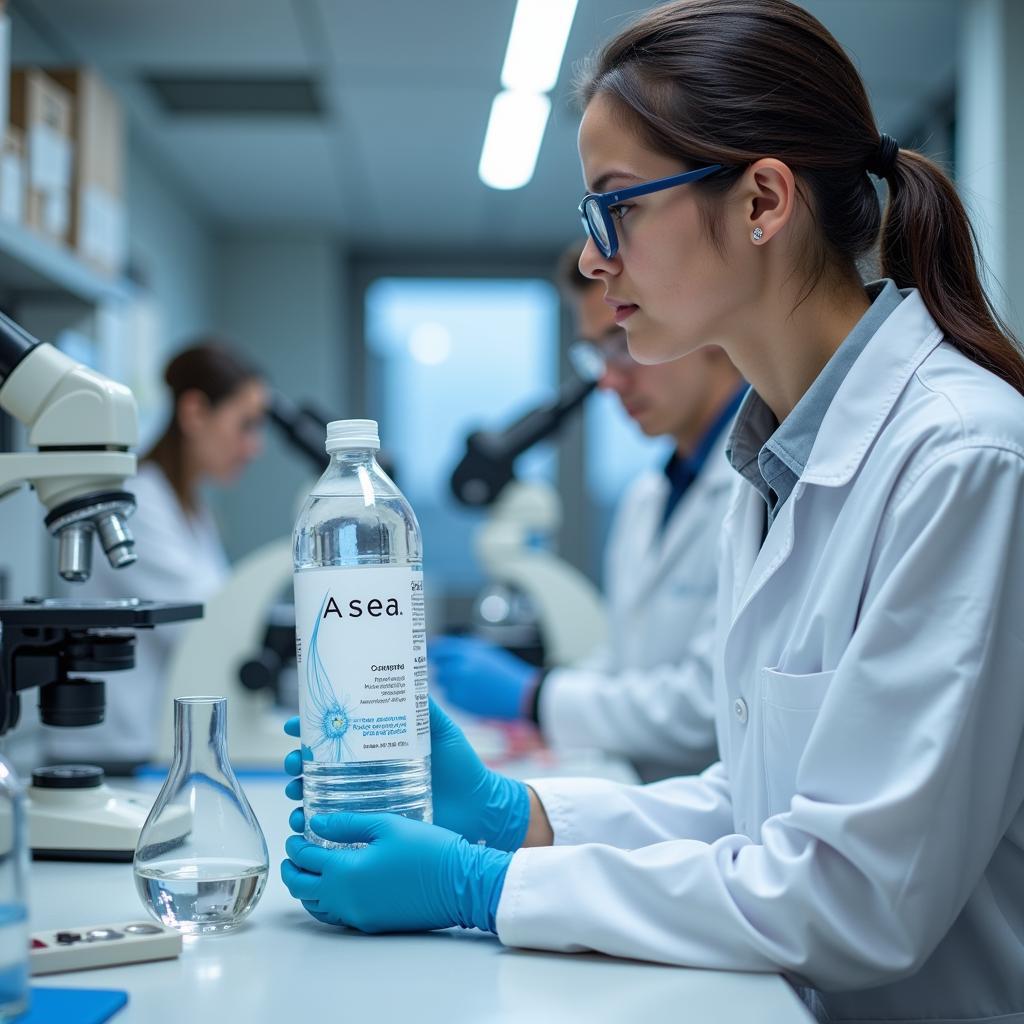 Asea water fake claims analysis: A scientist examines a bottle of Asea water against the backdrop of a laboratory setting.