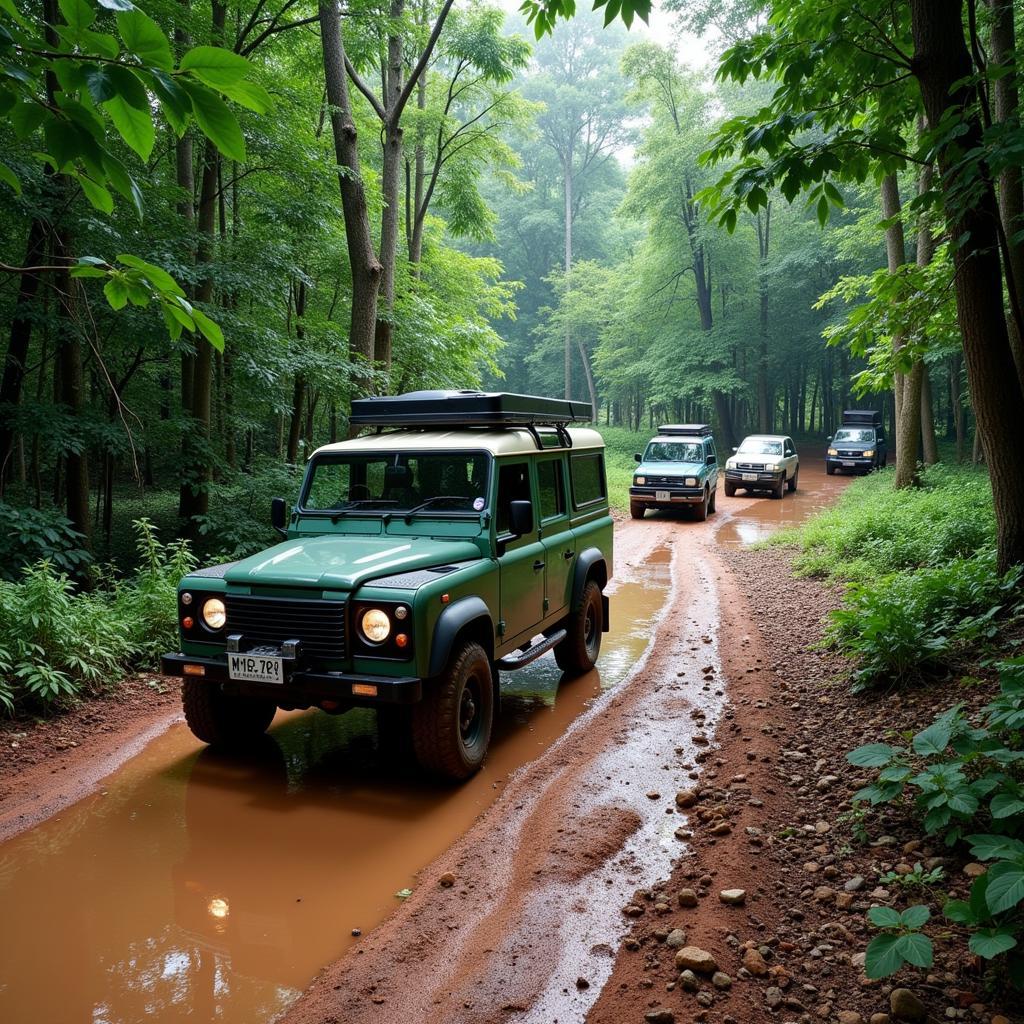 Group of 4x4 Vehicles on an Off-Road Trail in Southeast Asia