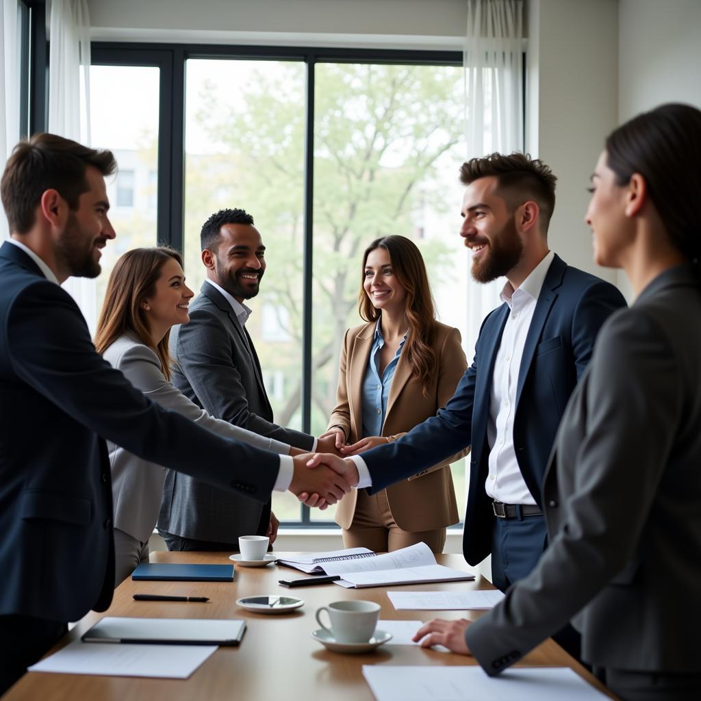 Business people from different ASEAN countries shaking hands during a successful negotiation.